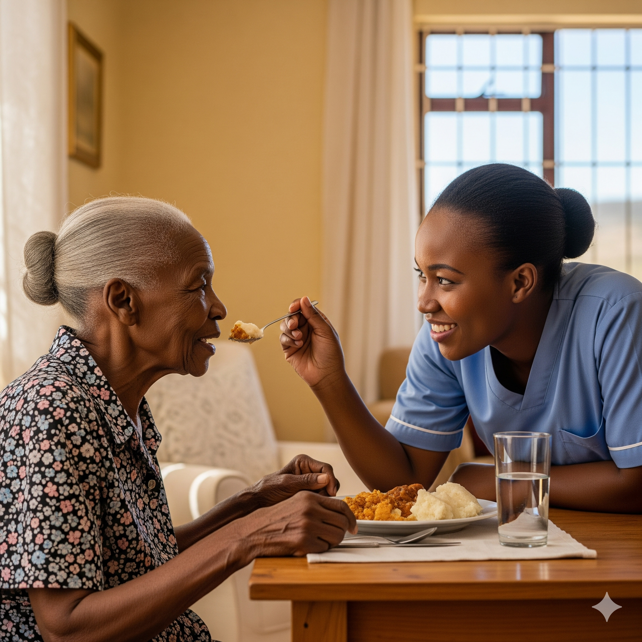 Caregiver helping elderly person with meal